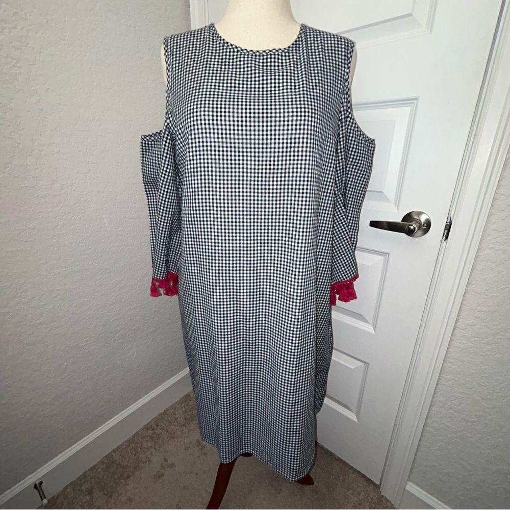 Charlie Paige Curvy Open Shoulder Fringe Gingham Print Dress